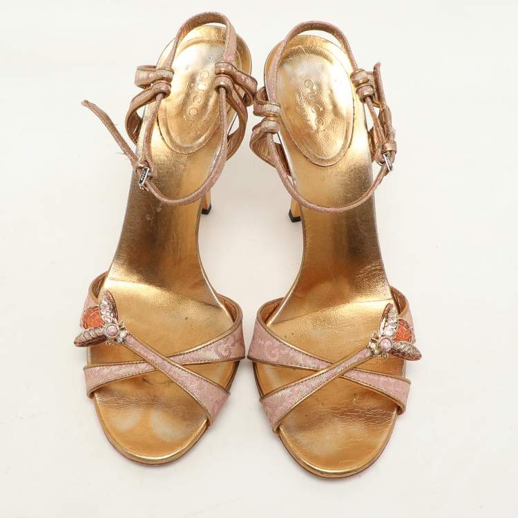 Pre Owned Gucci Gold/Pink Brocade Fabric and Leather Bee Embellished Ankle Strap Sandals Size 37.5