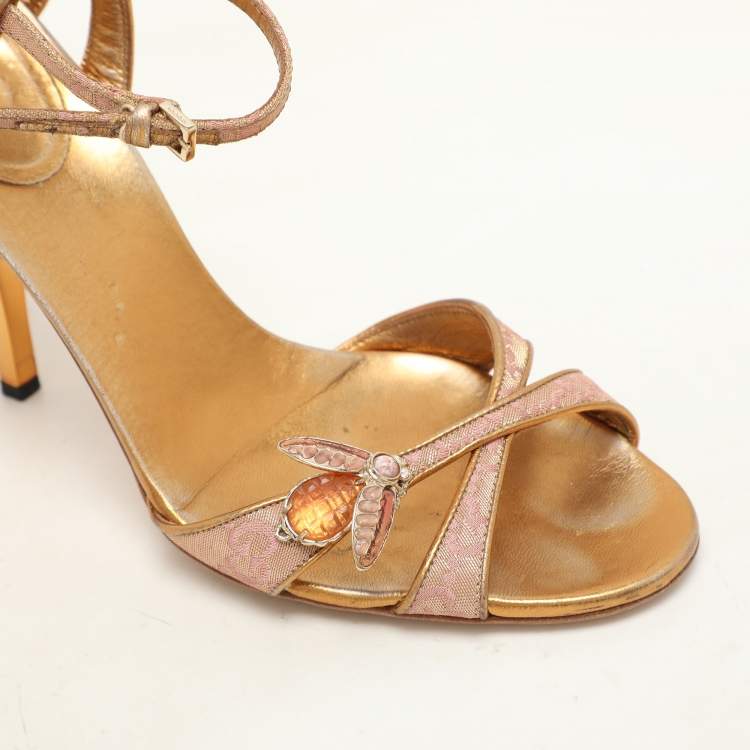 Pre Owned Gucci Gold/Pink Brocade Fabric and Leather Bee Embellished Ankle Strap Sandals Size 37.5