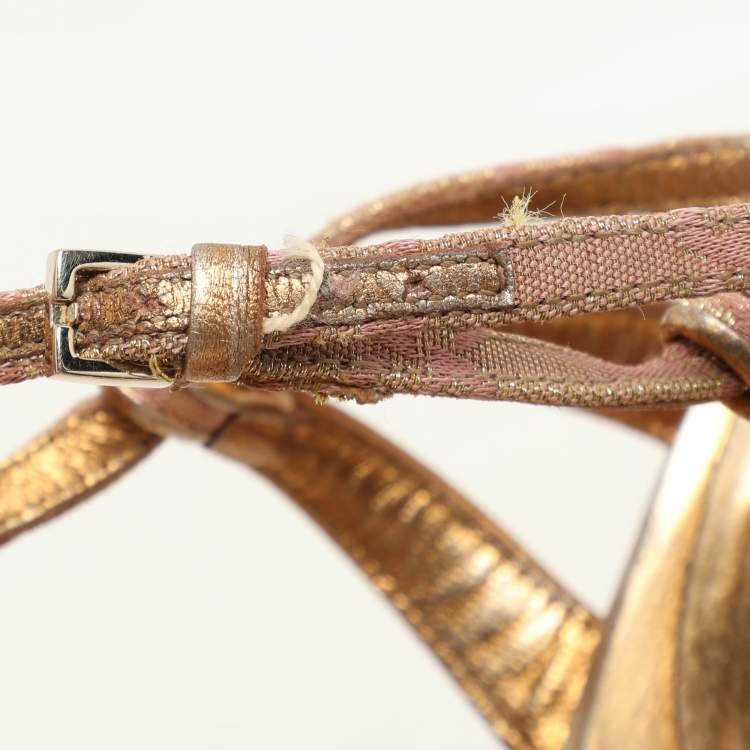 Pre Owned Gucci Gold/Pink Brocade Fabric and Leather Bee Embellished Ankle Strap Sandals Size 37.5