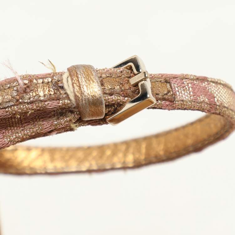 Pre Owned Gucci Gold/Pink Brocade Fabric and Leather Bee Embellished Ankle Strap Sandals Size 37.5