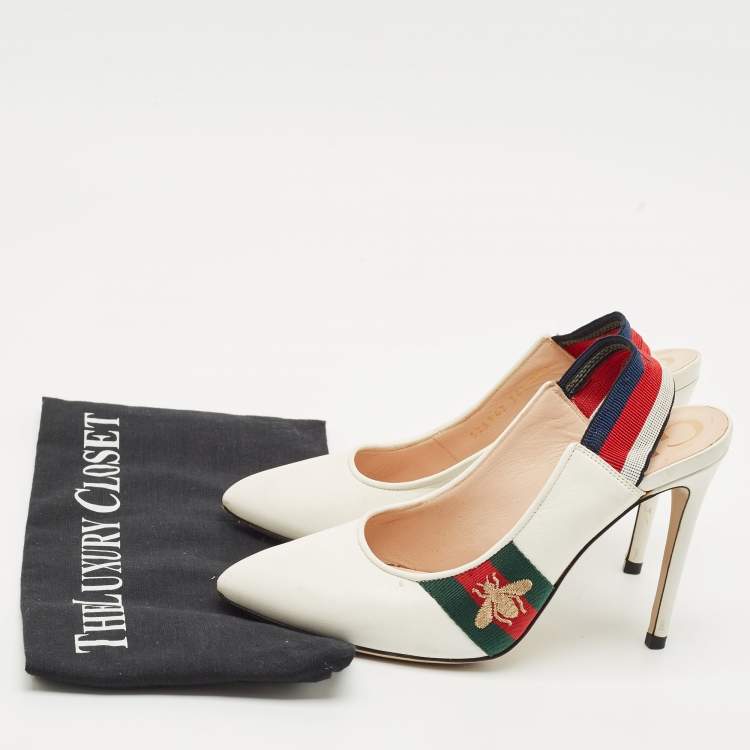 Pre Owned Gucci White Leather Bee Web Detail Sylvie Slingback Pumps Size 36.5