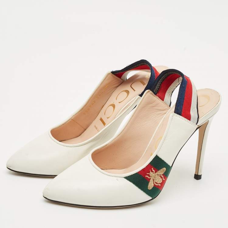 Pre Owned Gucci White Leather Bee Web Detail Sylvie Slingback Pumps Size 36.5