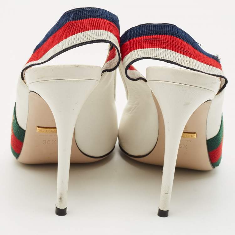 Pre Owned Gucci White Leather Bee Web Detail Sylvie Slingback Pumps Size 36.5
