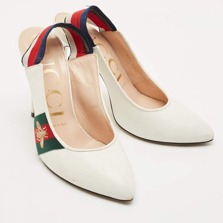 Pre Owned Gucci White Leather Bee Web Detail Sylvie Slingback Pumps Size 36.5