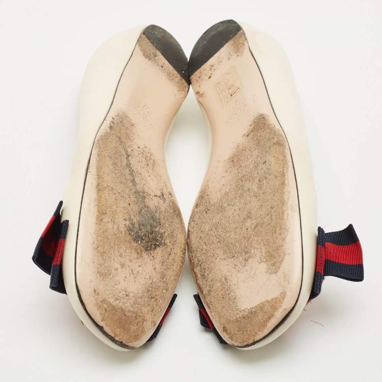 Pre Owned Gucci Cream Leather Web Bow Rose Detail Ballet Flats Size 37