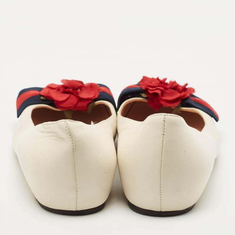 Pre Owned Gucci Cream Leather Web Bow Rose Detail Ballet Flats Size 37