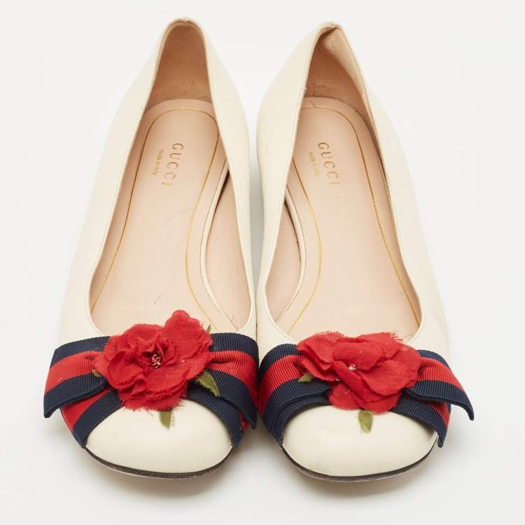 Pre Owned Gucci Cream Leather Web Bow Rose Detail Ballet Flats Size 37