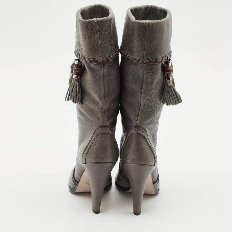 Pre Owned Gucci Grey Leather Bamboo Tassel Knee Boots Size 36.5