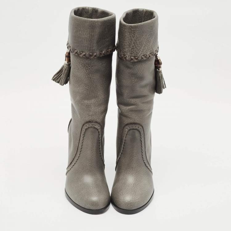 Pre Owned Gucci Grey Leather Bamboo Tassel Knee Boots Size 36.5