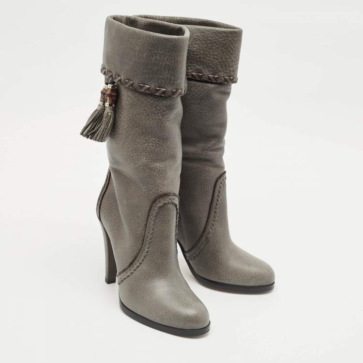 Pre Owned Gucci Grey Leather Bamboo Tassel Knee Boots Size 36.5