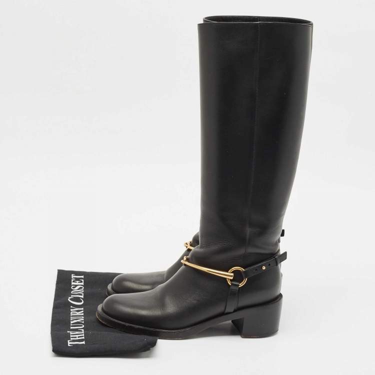 Pre Owned Gucci Black Leather Horsebit Knee Length Boots Size 35