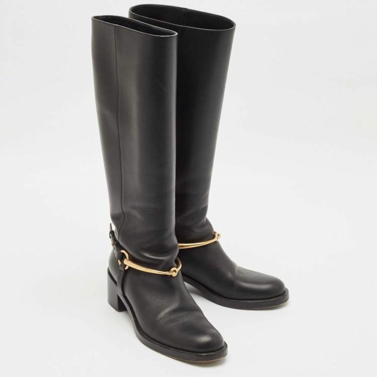Pre Owned Gucci Black Leather Horsebit Knee Length Boots Size 35