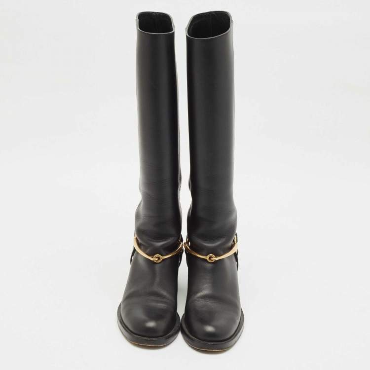 Pre Owned Gucci Black Leather Horsebit Knee Length Boots Size 35