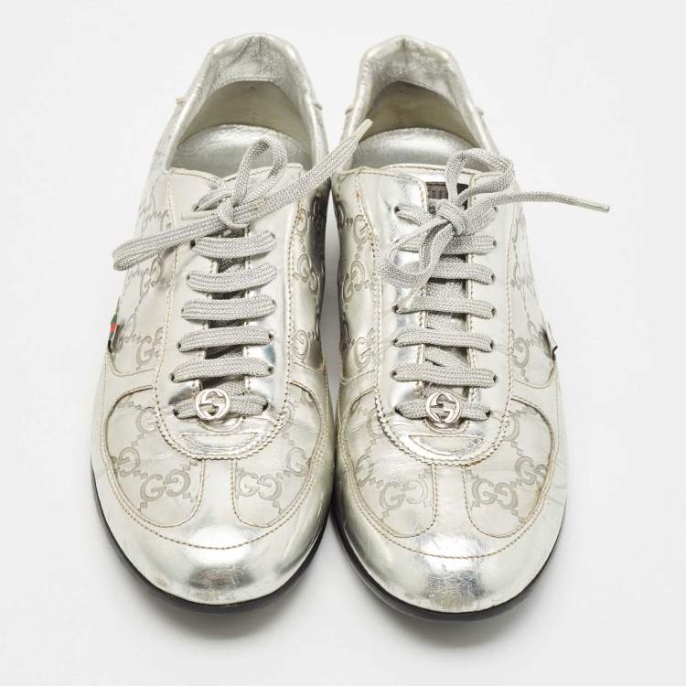 Pre Owned Gucci Silver Guccissima Leather Low Top Sneakers Size 38.5