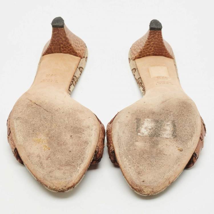 Pre Owned Gucci Brown Leather and GG Canvas Slide Sandals Size 37.5