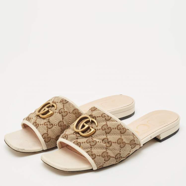 مملوكة مسبقًا Gucci Beige/Cream GG Canvas and Leather GG Marmont Flat Slides Size 37.5