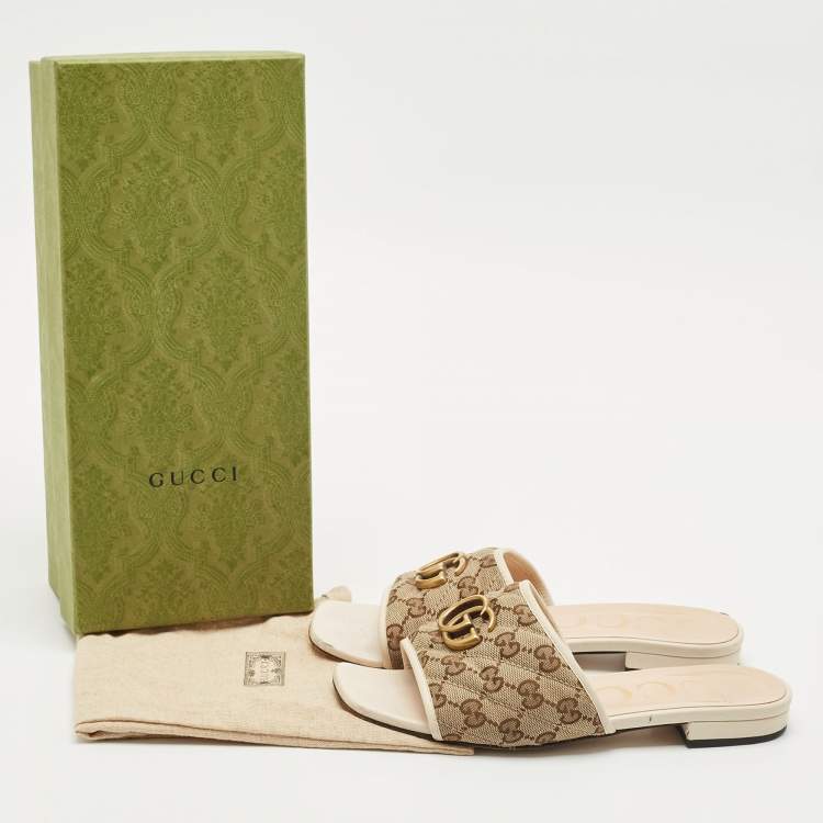 مملوكة مسبقًا Gucci Beige/Cream GG Canvas and Leather GG Marmont Flat Slides Size 37.5