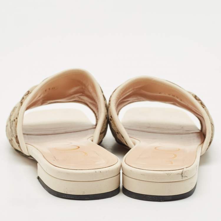مملوكة مسبقًا Gucci Beige/Cream GG Canvas and Leather GG Marmont Flat Slides Size 37.5