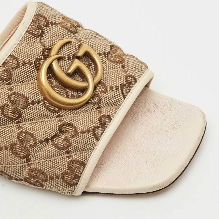 مملوكة مسبقًا Gucci Beige/Cream GG Canvas and Leather GG Marmont Flat Slides Size 37.5