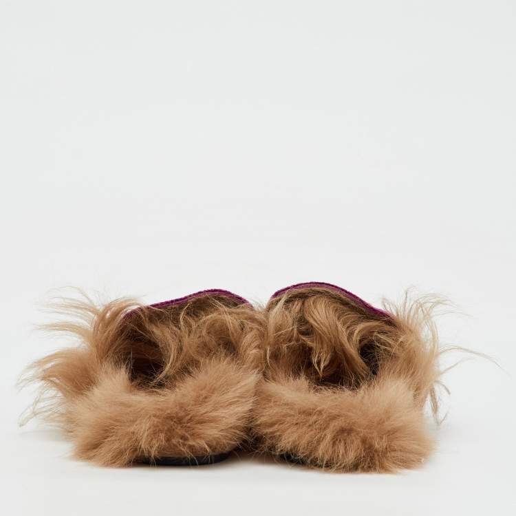 Pre Owned Gucci Purple Fur and Velvet Princetown Mules Size 38