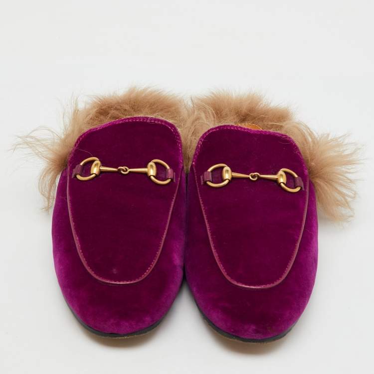 Pre Owned Gucci Purple Fur and Velvet Princetown Mules Size 38