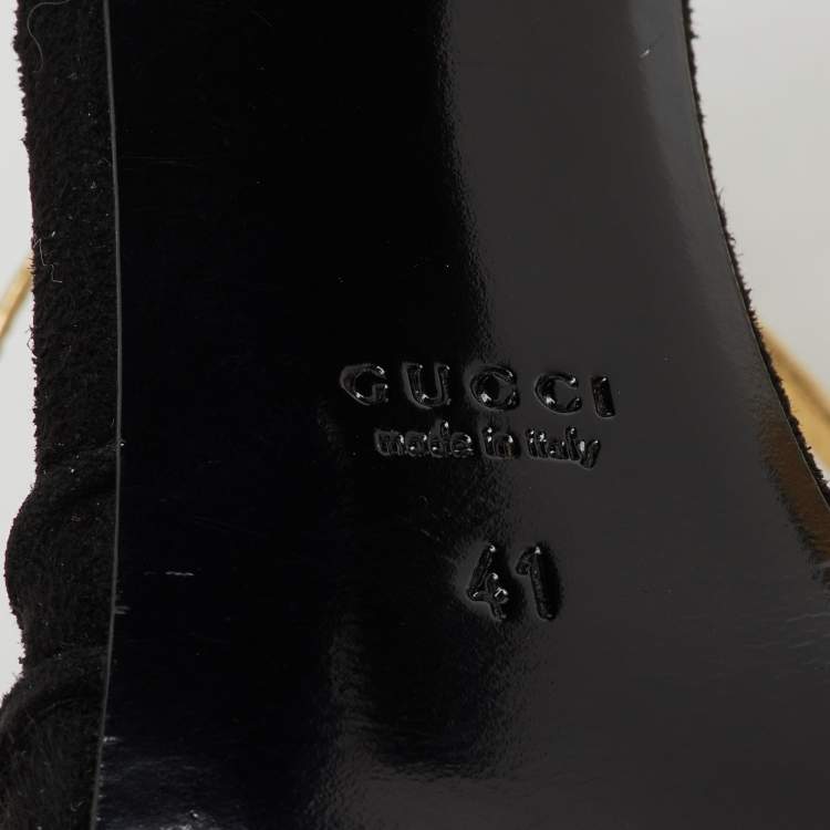 Pre Owned Gucci Black/Gold Suede and Leather Tiger Charm Embellished Ankle Strap Sandals Size 41