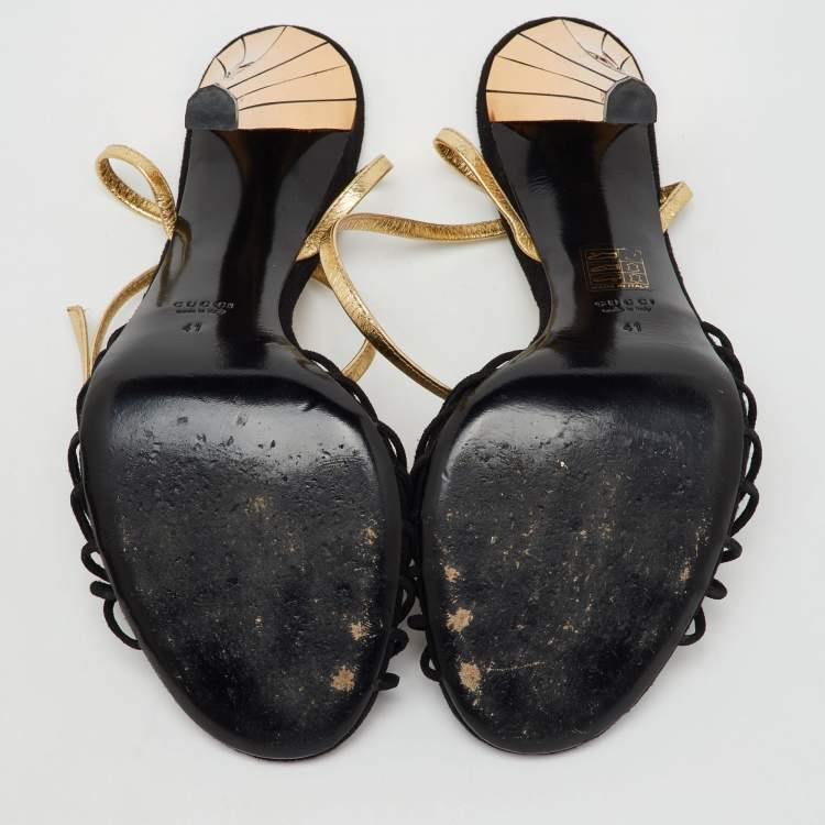 Pre Owned Gucci Black/Gold Suede and Leather Tiger Charm Embellished Ankle Strap Sandals Size 41