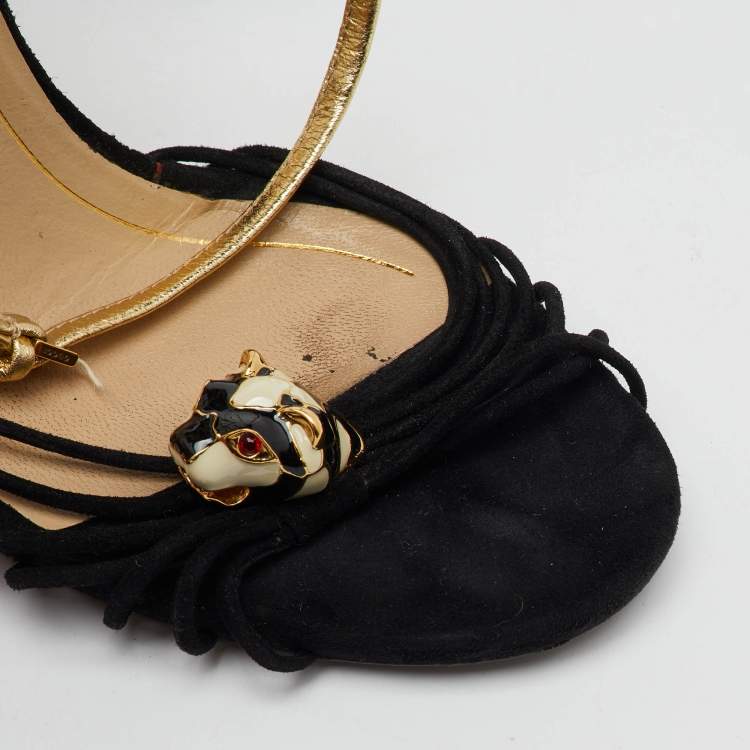 Pre Owned Gucci Black/Gold Suede and Leather Tiger Charm Embellished Ankle Strap Sandals Size 41