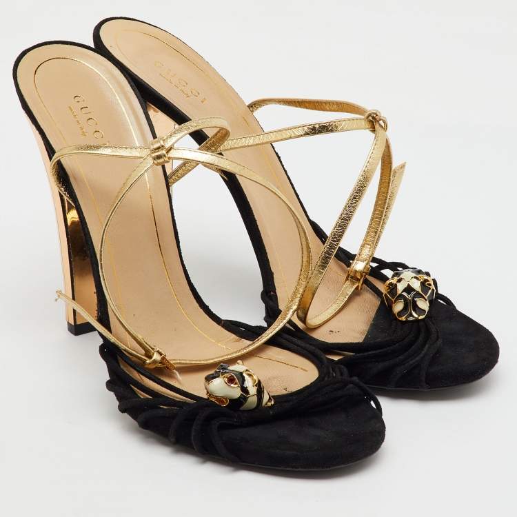 Pre Owned Gucci Black/Gold Suede and Leather Tiger Charm Embellished Ankle Strap Sandals Size 41