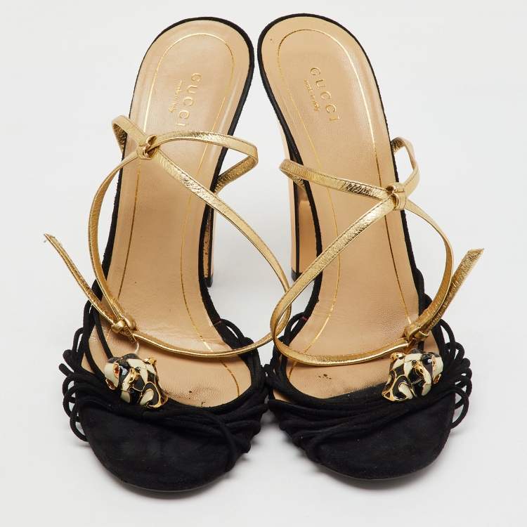Pre Owned Gucci Black/Gold Suede and Leather Tiger Charm Embellished Ankle Strap Sandals Size 41