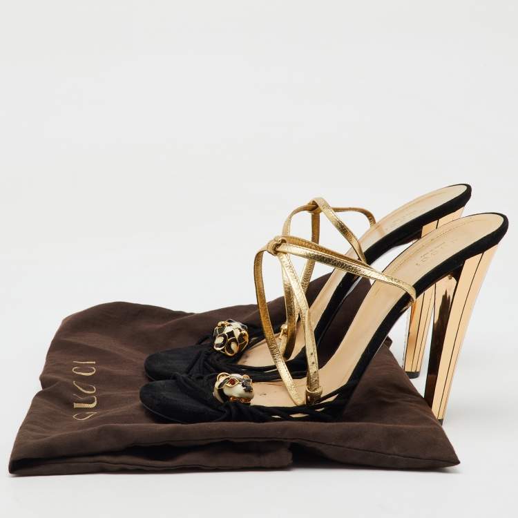 Pre Owned Gucci Black/Gold Suede and Leather Tiger Charm Embellished Ankle Strap Sandals Size 41