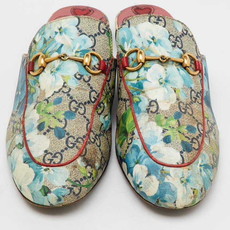 Pre Owned Gucci Multicolor GG Supreme Canvas Blooms Princetown Flat Mules Size 38.5