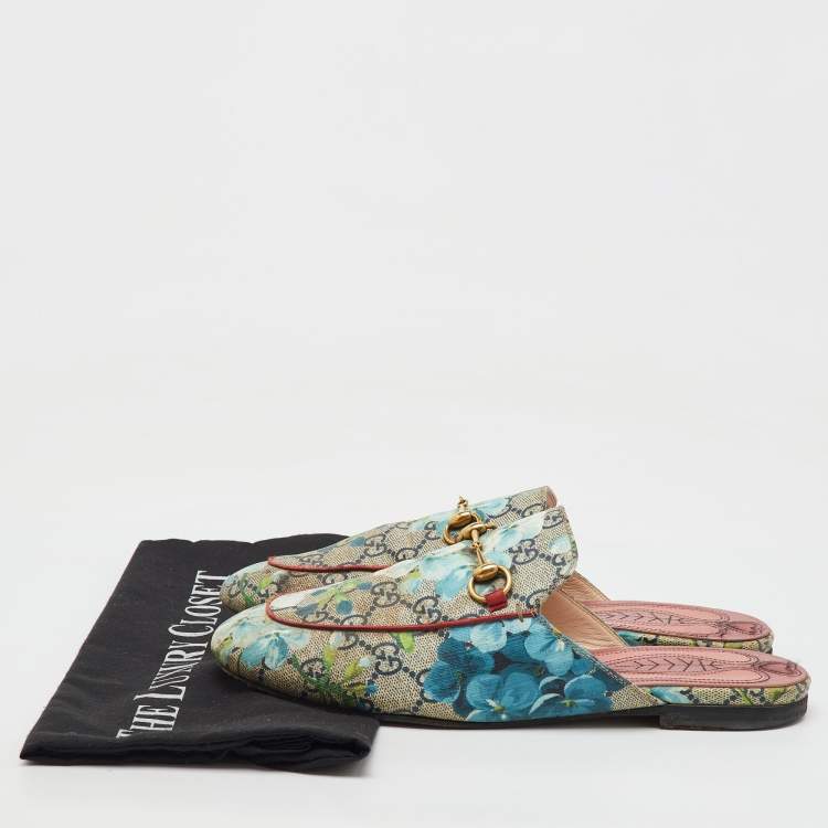 Pre Owned Gucci Multicolor GG Supreme Canvas Blooms Princetown Flat Mules Size 38.5