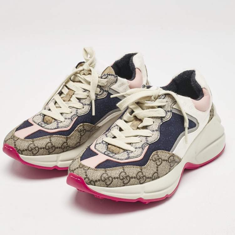 Pre Owned Gucci Multicolor GG Supreme Canvas and Leather Rhyton Sneakers Size 36.5
