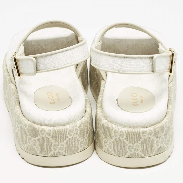 Pre Owned Gucci White/Beige GG Supreme Canvas Platform Sandals Size 38.5