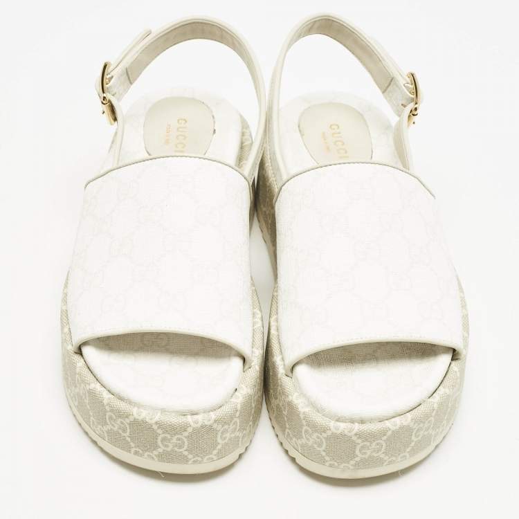 Pre Owned Gucci White/Beige GG Supreme Canvas Platform Sandals Size 38.5
