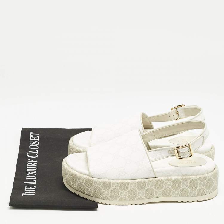 Pre Owned Gucci White/Beige GG Supreme Canvas Platform Sandals Size 38.5