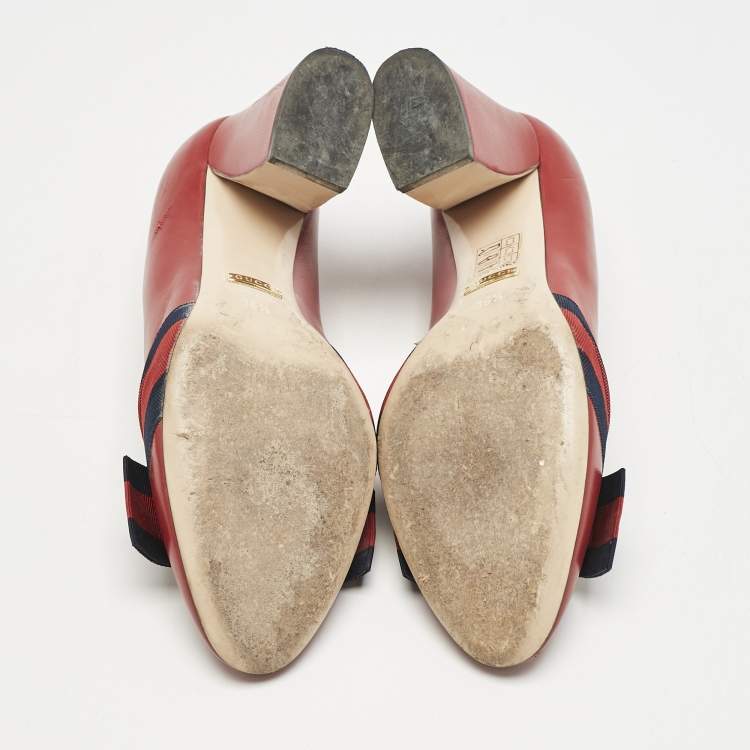 Pre Owned Gucci Red Leather Web Bow Block Heel Pumps Size 36.5