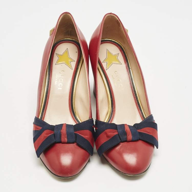 Pre Owned Gucci Red Leather Web Bow Block Heel Pumps Size 36.5