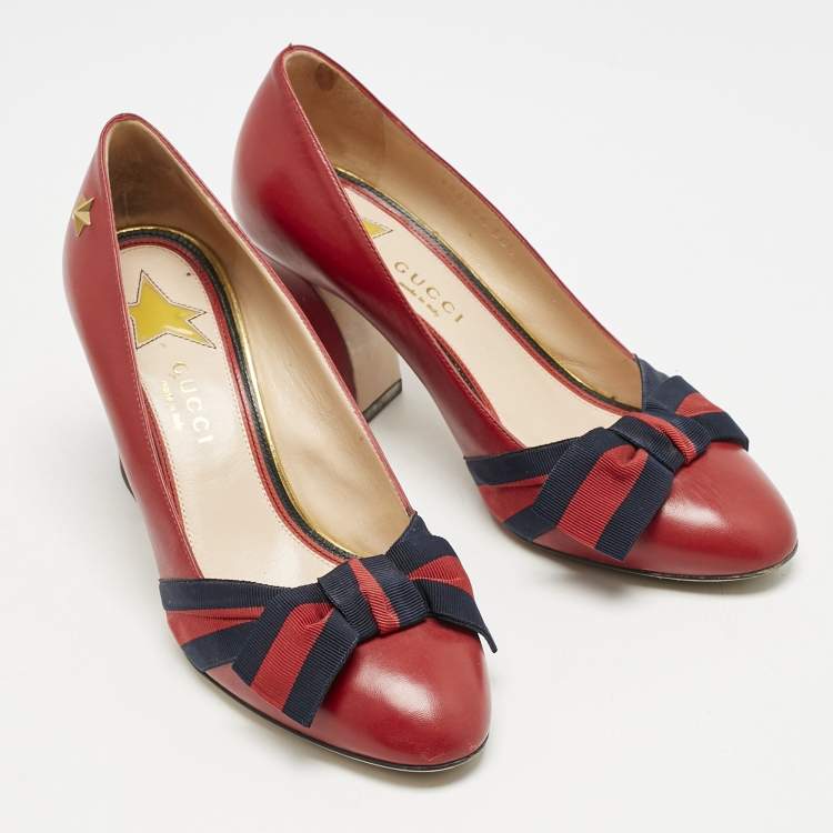 Pre Owned Gucci Red Leather Web Bow Block Heel Pumps Size 36.5