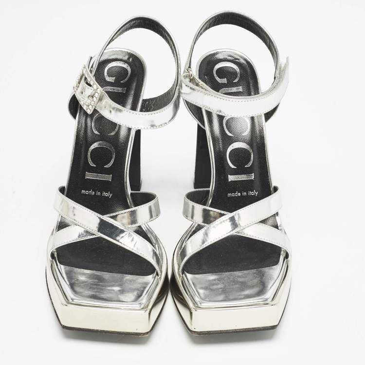 Pre Owned Gucci Silver Leather Buckle Crystal Embellished Ankle Strap Platform Sandals Size 36