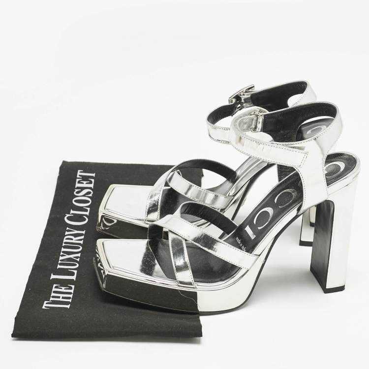 Pre Owned Gucci Silver Leather Buckle Crystal Embellished Ankle Strap Platform Sandals Size 36