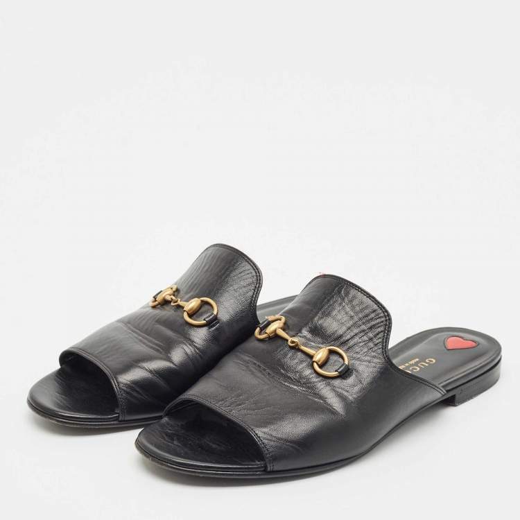 Pre Owned Gucci Black Leather Princetown Horsebit Flat Slide Sandals Size 38