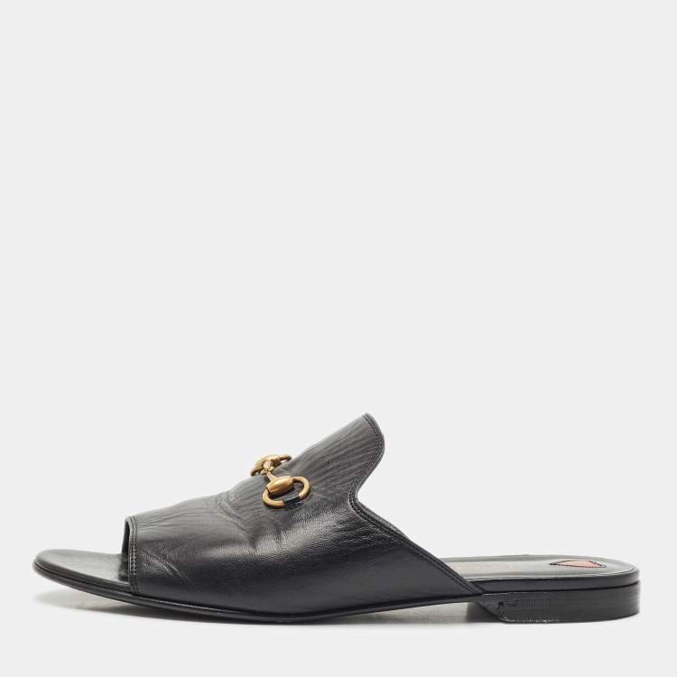 Pre Owned Gucci Black Leather Princetown Horsebit Flat Slide Sandals Size 38
