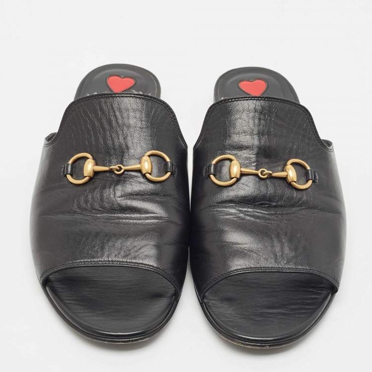 Pre Owned Gucci Black Leather Princetown Horsebit Flat Slide Sandals Size 38