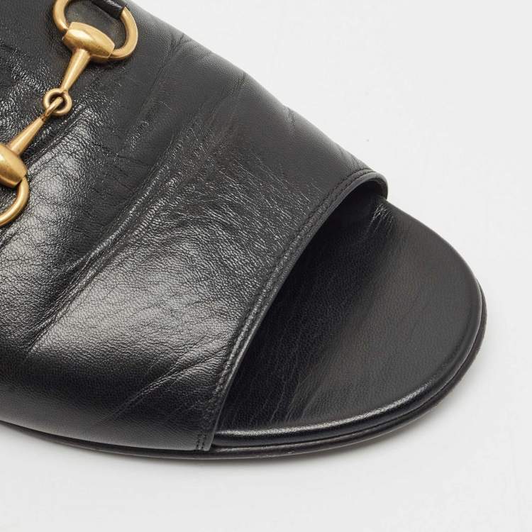 Pre Owned Gucci Black Leather Princetown Horsebit Flat Slide Sandals Size 38