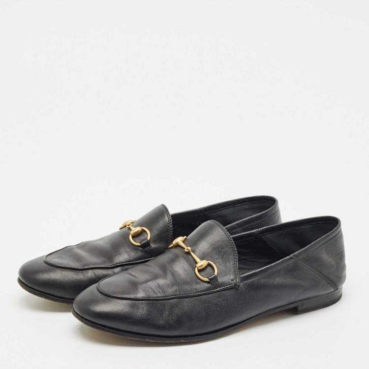 Pre Owned Gucci Black Leather Jordaan Horsebit Slip On Loafers Size 39.5