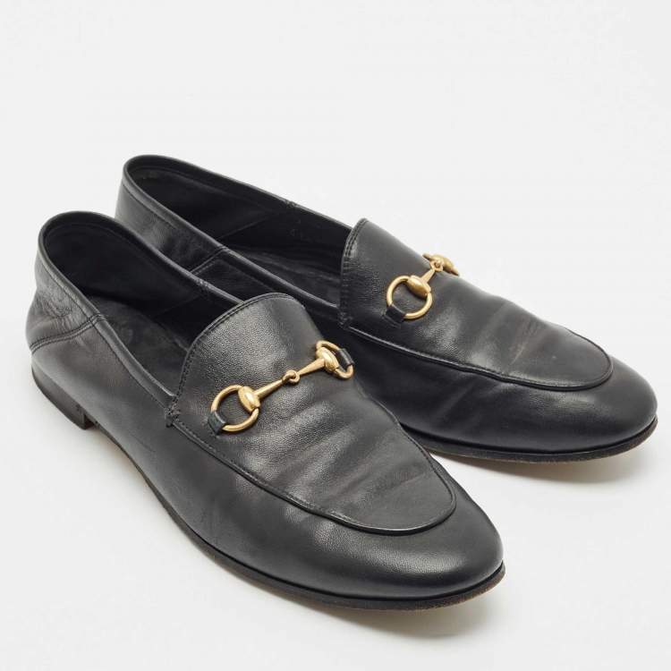 Pre Owned Gucci Black Leather Jordaan Horsebit Slip On Loafers Size 39.5