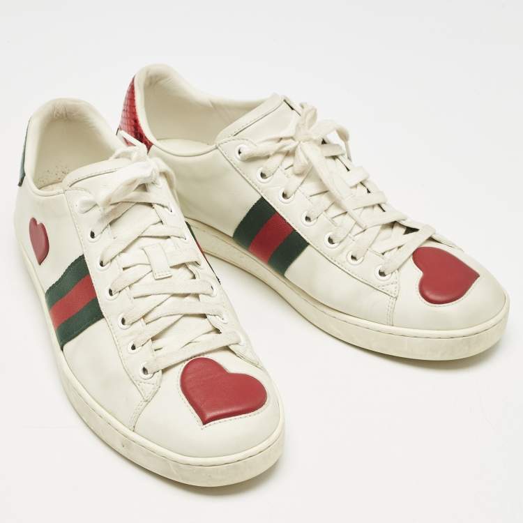 Pre Owned Gucci White Leather Ace Web Heart Detail Lace Up Sneaker Size 41