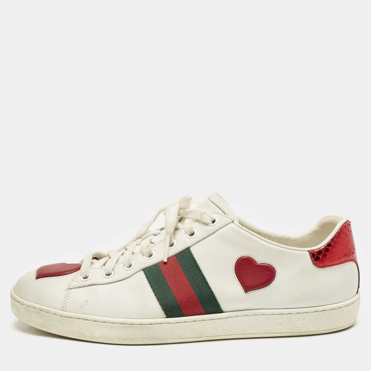 Pre Owned Gucci White Leather Ace Web Heart Detail Lace Up Sneaker Size 41